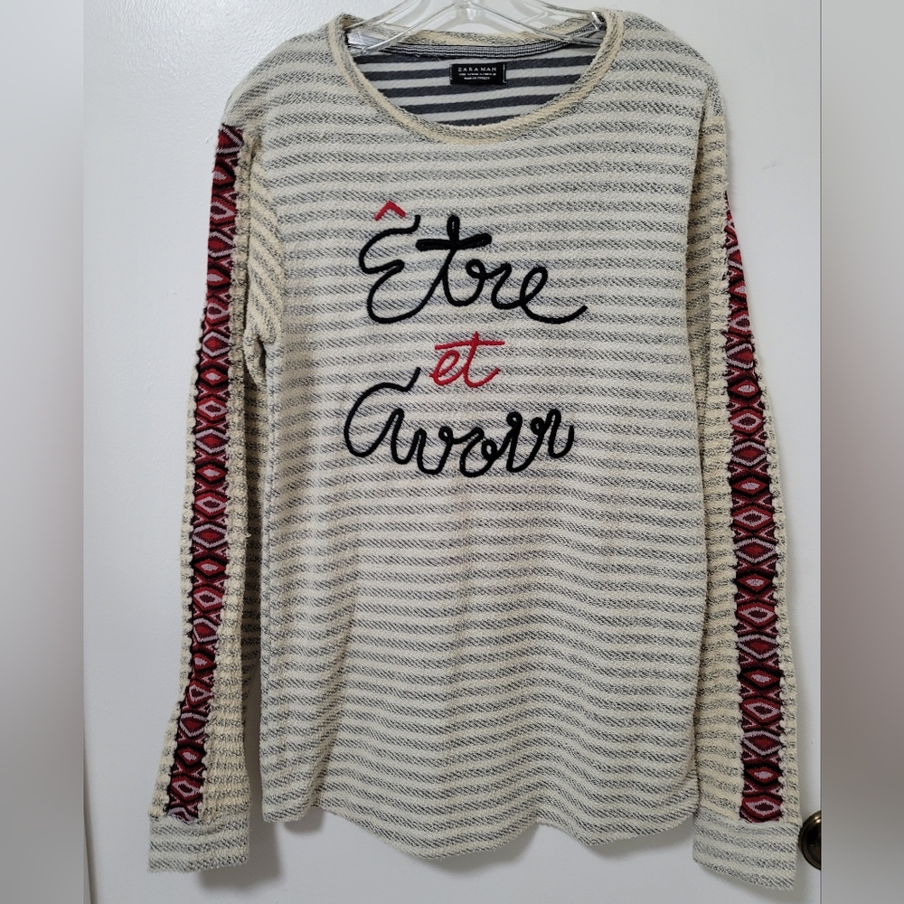 Zara Man Top Blue Ivory Striped Long Sleeve Cotton Terry Graphic Mens Small Rare